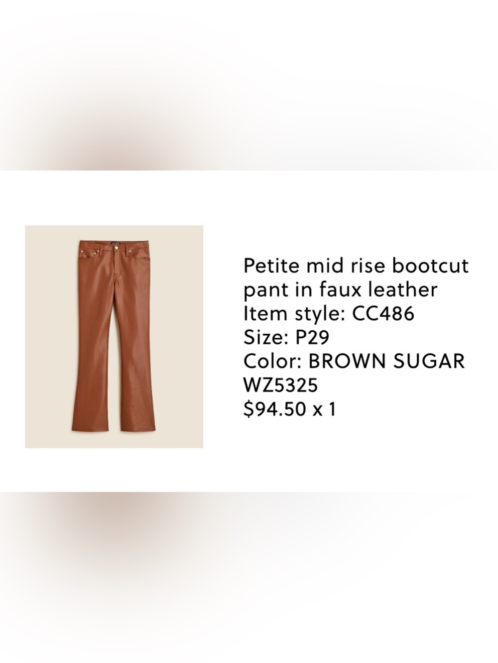 J. Crew Petite Mid-Rise Faux Leather Pants - Brown NWT!